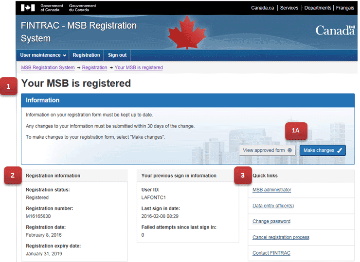 Figure 1 shows the homepage of the MSB registration system. Four sections of the page are highlighted (sections 1, 1A, 2 and 3), which are described in the text that follows.
