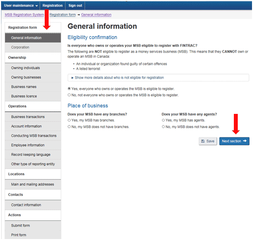 Figure 2 shows how to navigate through the MSB registration form: using the Next section button or the left menu.