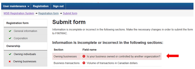 Figure 5 shows the Submit form page indicating that corrections are needed in the MSB registration form. Under the Submit form title, guidance is provided about the required corrections.